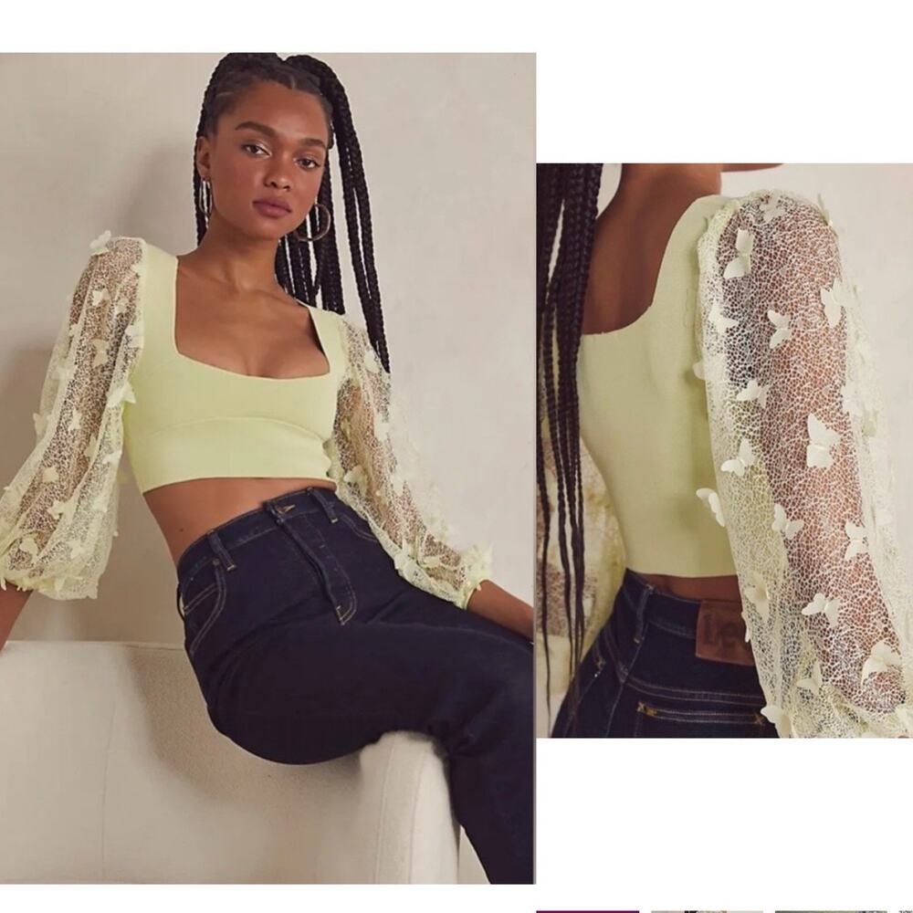 Free People Pale Yellow Lace Puff Sleeve Crop Top Size L | Square Neck |